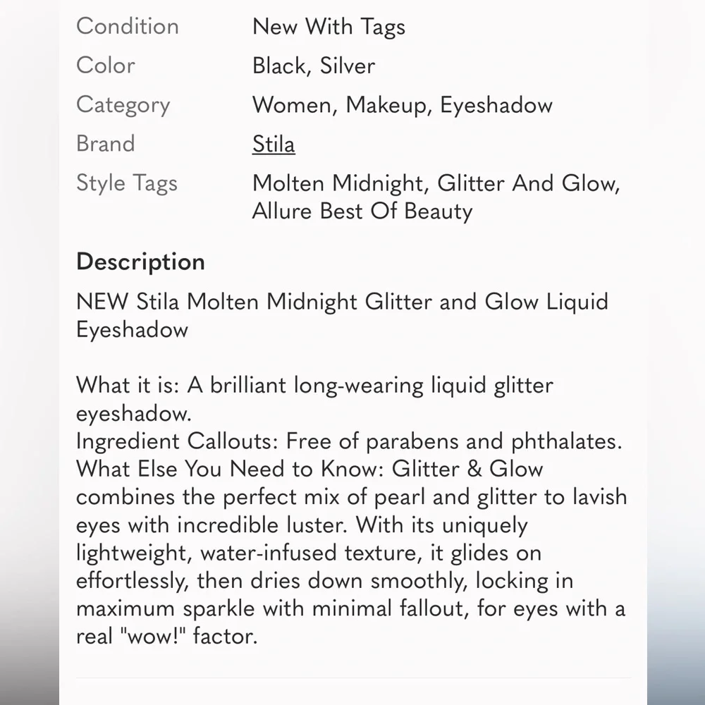 Stila Shimmer & Glow Liquid Eyeshadow - Silver Sparkle Molton Midnight